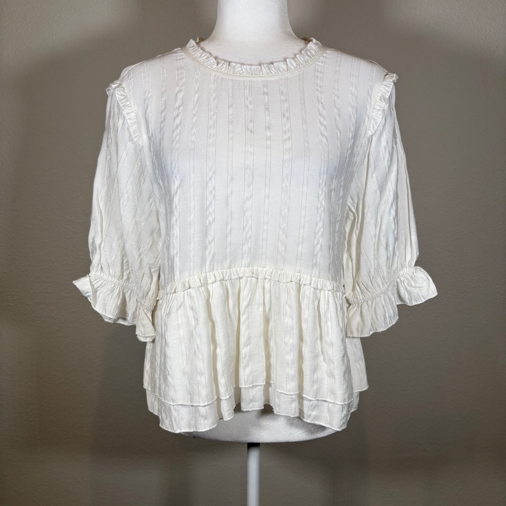 NWT TCEC Cream Peplum Top with Metallic Pinstripes Size Medium